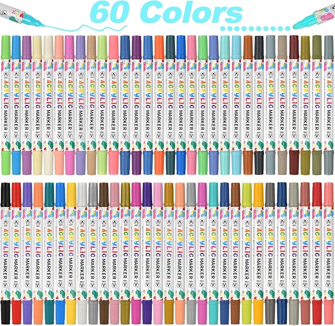60 Colors Acrylic Paint Pens, Dual Tip Acrylic Paint Markers for Paper, Wood, Canvas, Stone, Rock Painting, Glass, Fabric, DIY, Ceramic, Art Supplies for Kids and Adults Drawing (Dot + Fine)