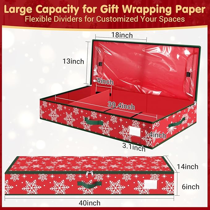 Wrapping Paper Organizer Storage, Christmas Wrapping Paper Storage with Flexible Partition & Pockets for Christmas Decorations, Ribbon, Underbed Gift Wrap Organizer for Holiday(Snowflake/Red)