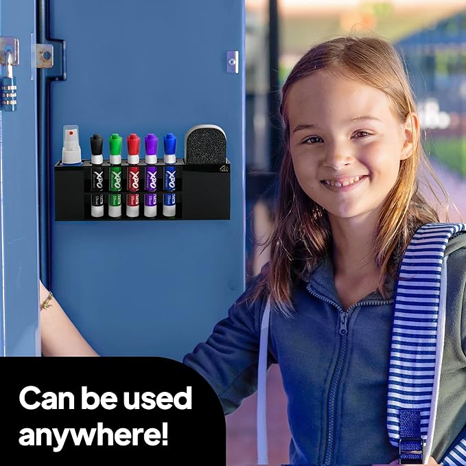 Slim Magnetic Dry Erase Marker Holder for Whiteboard, Space Saving Pen Organizer with Glass and Wall Mount Accessories for Fridge, Office, and School. Markers, Eraser, Cleaner Not Included (Black)