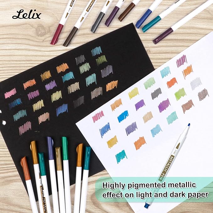Lelix 24 Colors Metallic Marker Pens, Fine Tip Paint Pens for DIY Photo Album, Black Paper, Card Making, Rock Art Painting, Scrapbooking, Glass, Metal, Wood