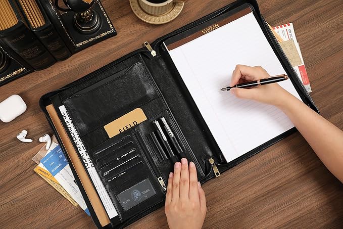 Leather Portfolio for 12.9 inch iPad Pro (2018/2020/2021/2022), Leather Padfolio Organizer with Ipad Holder for Letter Size Notepad, Personalized Portfolio for Men/Women (Black, Non-Custom)