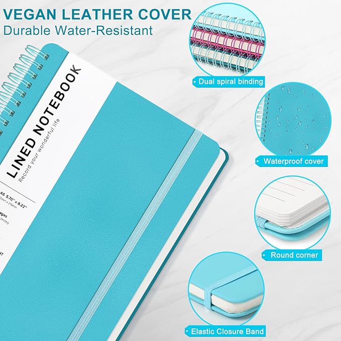 Light Blue Lined Spiral Journal Notebook with 160 Pages, 8×5.7in, A5 Spiral Notebook, Journaling Notebooks for Work, School, Women, Men, College Ruled Spiral Notebook, Hardcover Leather Journals