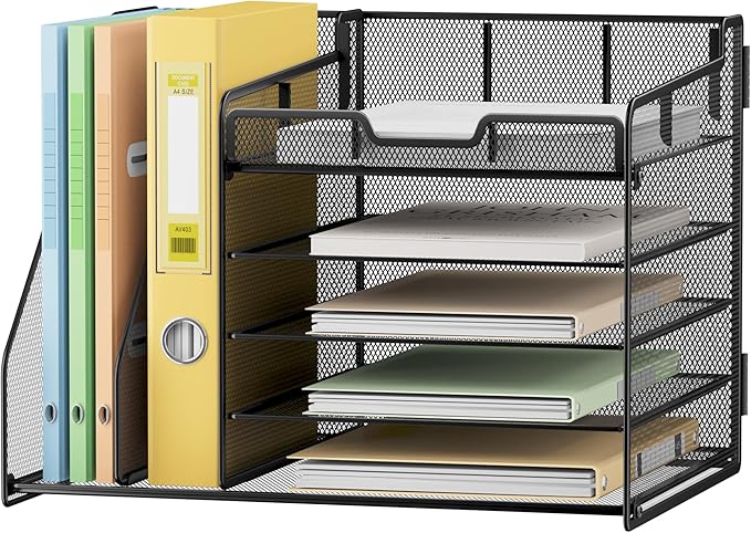 Lavatino Desk Organizer, 5-Tier Metal Mesh Paper Letter Tray with 2 File Holders & 7 Flexible Dividers for Office or Home Desk Organizers and Accessories, Keep Workspace Supplies Neat, Black