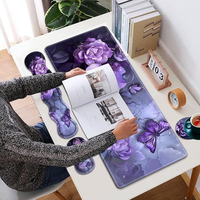 Large XXL Gaming Desk Mat 31.5"x 11.8", Ergonomic Keyboard Wrist Rest & Mouse Pad Wrist Rest + Coaster Set, Non-Slip Base, Memory Foam, Office and Home, Purple Rose