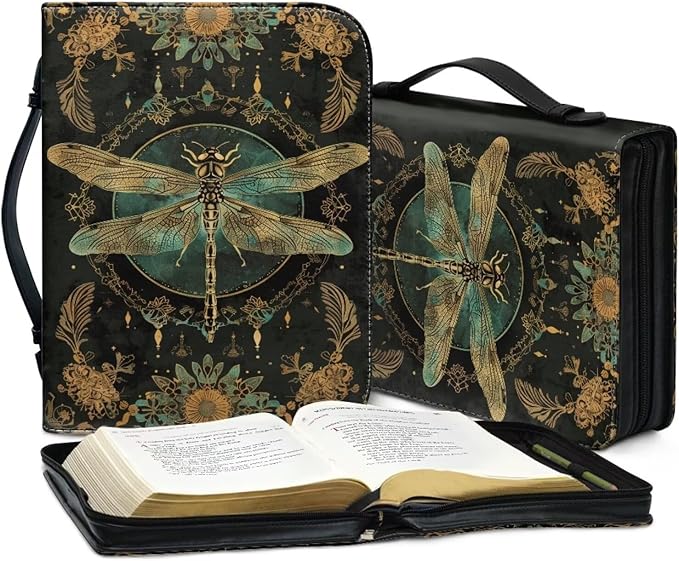 Lotusorchid Mandala Dragonfly Printed Women Bible Cover Leather Bible Book Church Bags with Handle and Zippered Pocket