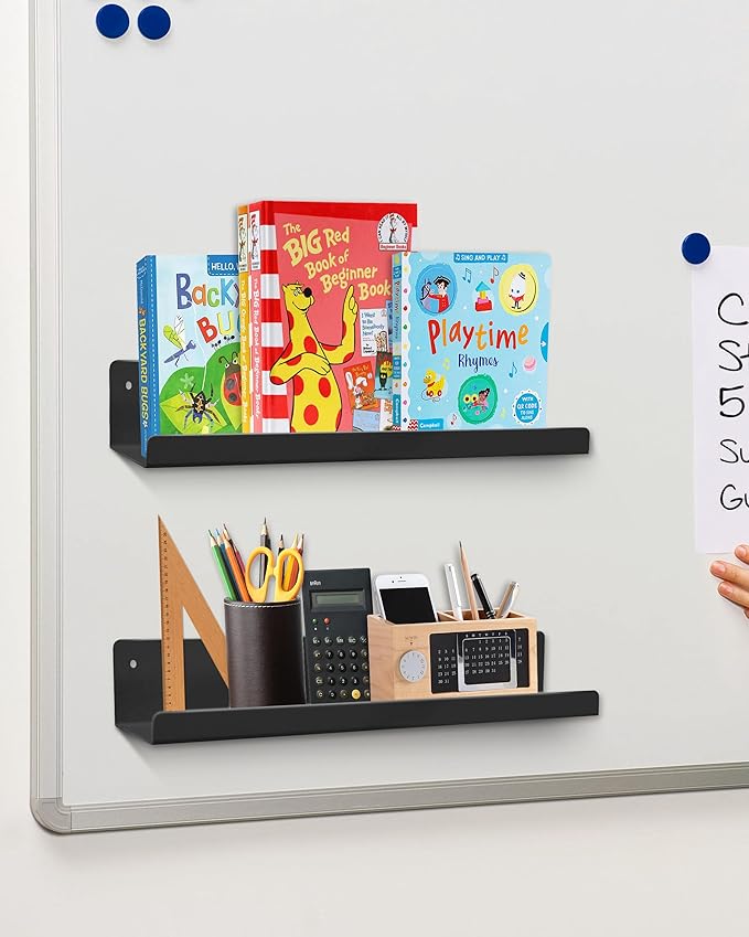 Magnetic Book Shelf for Whiteboard, Reusable Metal Magnetic Bookshelves with Strong Adsorption Capacity, 2-Pack 17'' for Classroom Whiteboard Office & Fridge Storage, Holds up to 12.5 lbs