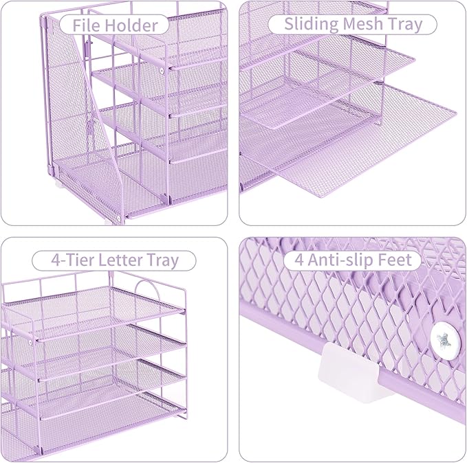 OPNICE 4-Tier Paper Organizer with Magazine Holder, Desk Organizers and Accessories, Office Desk Accessories & Workspace Organizers, Desktop File Organizer for Office Supplies Storage, Purple