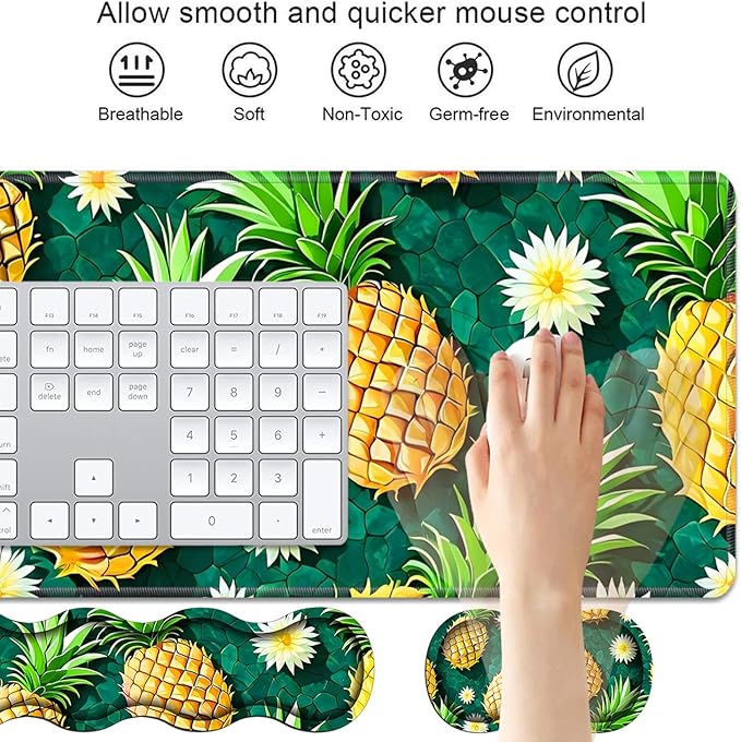 4 in 1 Ergonomic Keyboard Wrist Rest & Mouse Pad Wrist Rest Set, Large XXL Gaming Desk Mat 31.5"x 11.8" with Non-Slip Base, Memory Foam for Home Office Study Gaming, Pineapple