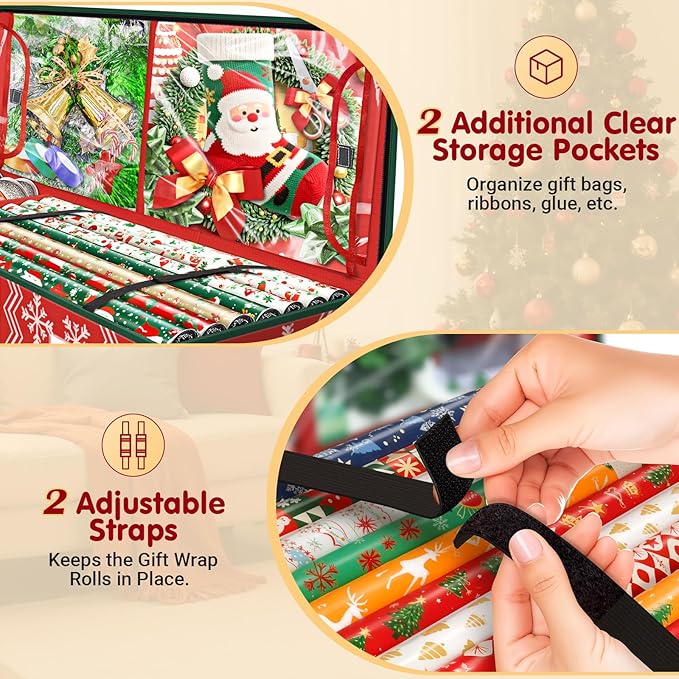 Wrapping Paper Organizer Storage, Christmas Wrapping Paper Storage with Flexible Partition & Pockets for Christmas Decorations, Ribbon, Underbed Gift Wrap Organizer for Holiday(Wave and Snowflake/Red)