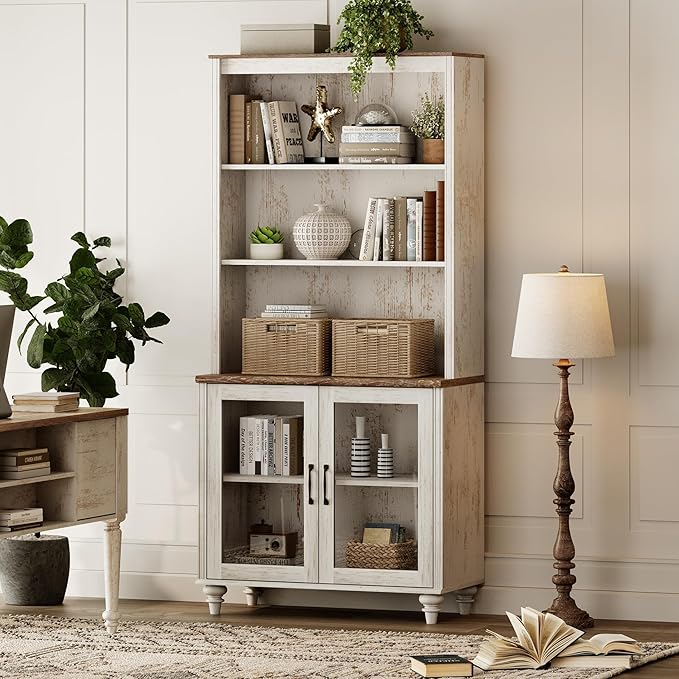 WAMPAT 5 Tier Bookshelf 72" Tall Bookcase with Glass Doors,Large Farmhouse Display Book Shelf with Adjustable Shelves and Storage Cabinet,Library Wood Bookshelves for Living Room,Kitchen, Rustic White