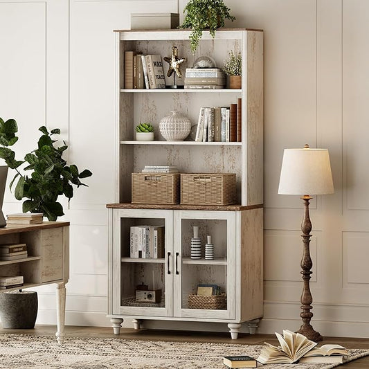WAMPAT 5 Tier Bookshelf 72" Tall Bookcase with Glass Doors,Large Farmhouse Display Book Shelf with Adjustable Shelves and Storage Cabinet,Library Wood Bookshelves for Living Room,Kitchen, Rustic White