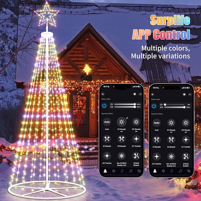 Led Outdoor Christmas Tree, 12 ft Prelit Christmas Tree, Smart Outside Christmastree Light Show App Control with Lights Color Changing Sync APP & Remote Control Christmas Trees Lighting
