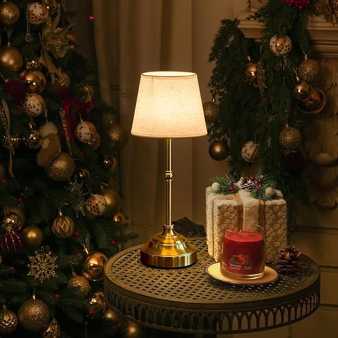 Cordless Table Lamp, Rechargeable Desk Lamp with Fabric Shade, 5400mAH Battery Operated 3 Color Stepless Dimming, Portable Touch Bedside Lamp Home Decor for Dining, Counter (Brushed Gold)