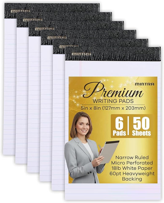 Mintra Office Legal Pads - ((PREMIUM WHITE 6pk, 5in x 8in, NARROW RULED))