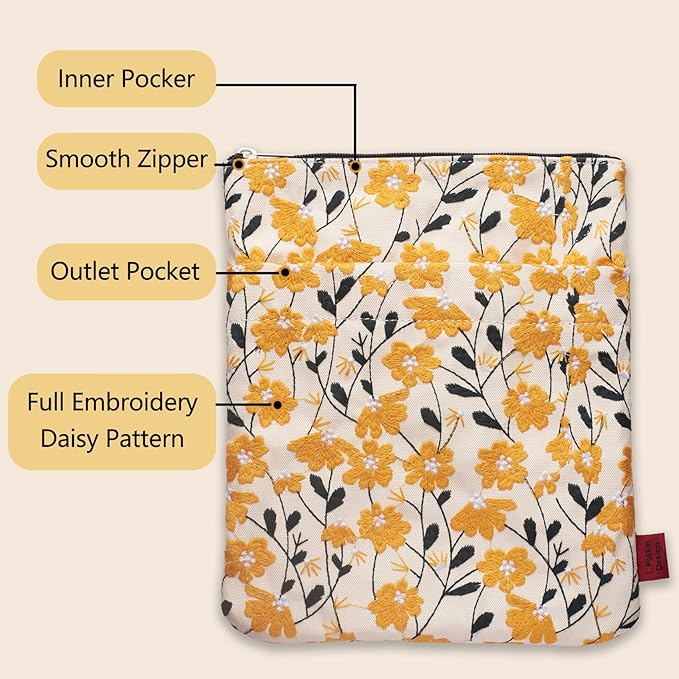 LParkin Daisy Flower Embroidery Book Sleeve with Zipper for Readers Protector Cover Gift for Book Lovers, 11x 8.5 Inch Washable Fabric, Daisy Yellow (Yellow)
