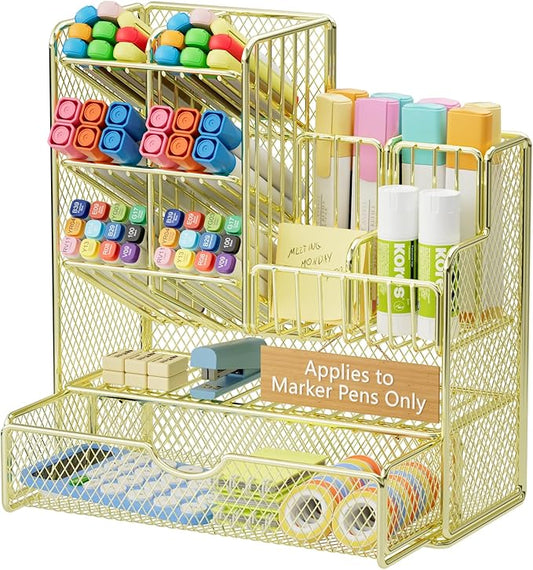 Marbrasse Mesh Pen Holder for Desk, Multi-Functional Pencil Organizer with Drawer, Desk Organizers and Accessories for Office Art Supplies (Gold-Applies to Marker Pens Only)