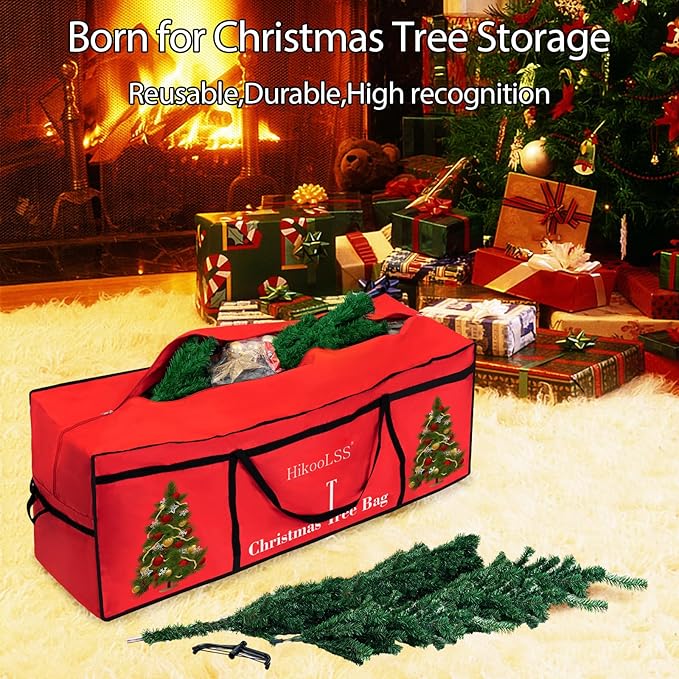 Christmas Tree Storage Bag 12 Ft Tall Tree Container/Holder Heavy Duty Oxford Dual Mesh Pockets,Moistureproof,Extra Large Christmas Tree Box for Big Xmas Tree Wide Opening Red(65X23X27in)