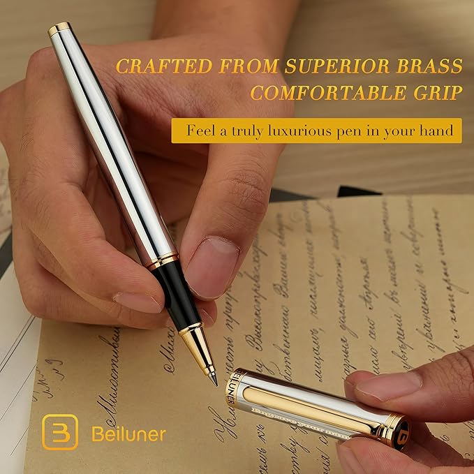 BEILUNER Silver Chrome Personalized Pen, Stunning Luxury with 24K Gold Finish,Noble and Elegant Designs,Schneider Ink Refill, Best Gift Pen for Men & Women, Graduation, Executive Office, Fancy Pens