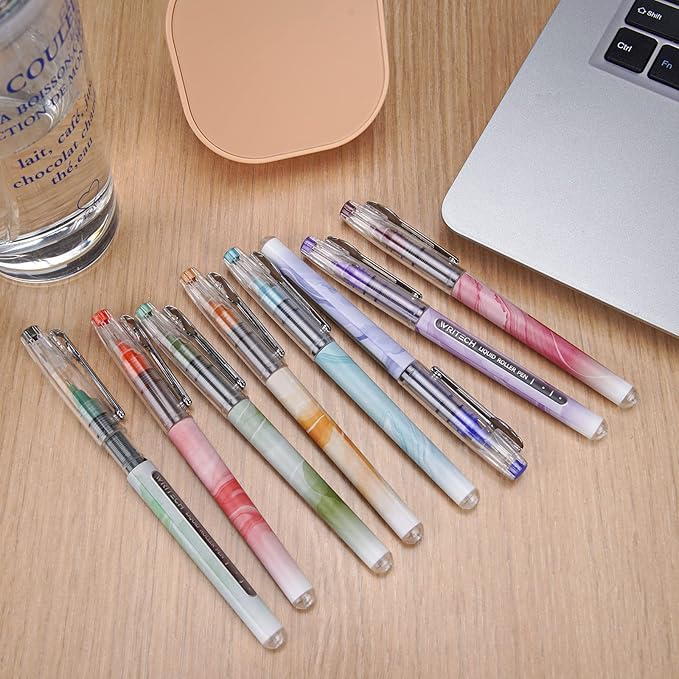 WRITECH Liquid Ink Rollerball Pens: Multi Colored 0.5mm Extra Fine Point Tip Rolling Roller Ball Pen 8ct Assorted Colors for Journaling Smooth Writing Note Taking No Bleed & Smudge & Smear