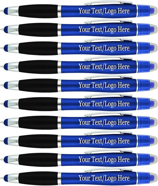 Personalized Pens with Gel Highlighter and Stylus -200 Pack Bulk-Free Imprint - 3 In Bible Highlighter No Bleed, Ballpoint Pen, and Stylus Combo- add Custom Name, Logo or Gift Message- Blue