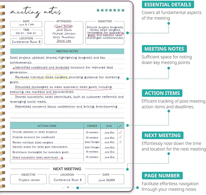 Meeting Notebook for Work Organization - Work notebook with action items, Meeting Minutes Planner Notebook, Perfect Office Supplies for Men & Women - Purple