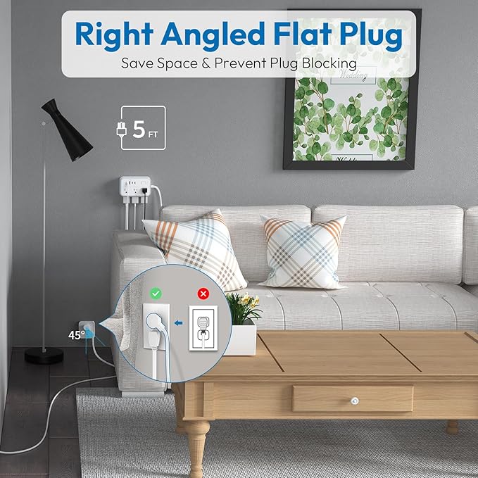 NTONPOWER Surge Protector Power Strip with 6 Outlets 4 USB Charging Station(2 USB C Port), 5 Ft Flat Plug Extension Cord, Outlet Extender for Indoor, Home, Office Supplies, Dorm Room Essentials