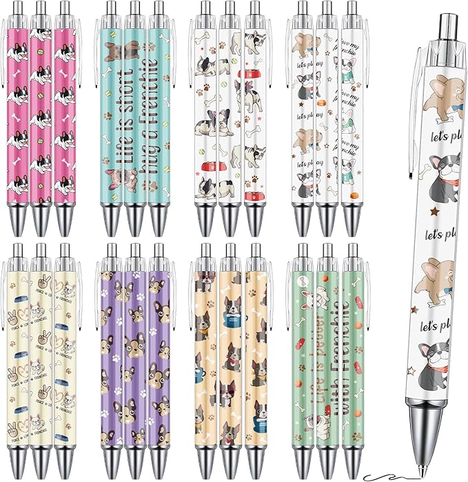 French Bulldog Ballpoint Pens - 24Pcs Cartoon Dog Pen Set Frenchie Animal Retractable Smooth Writing Ballpoint Pen Gift for Women Men Dog Lovers Teen Office Teacher Students Party Supplies