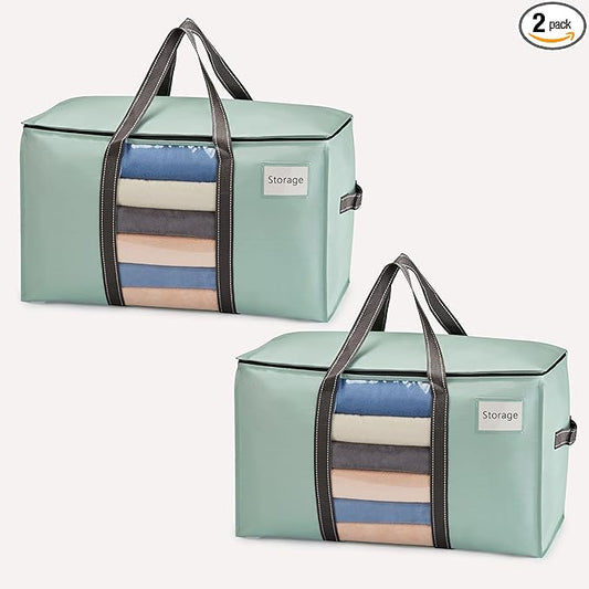 VENO 2 Pack Moving Bags, Moving Supplies, Moving Boxes, College Packing Storage Boxes with Lids Alternative, Heavy Duty Totes, Extra Large, Sturdy Handles, Zipper (Light Green with Window, 2 Pack)