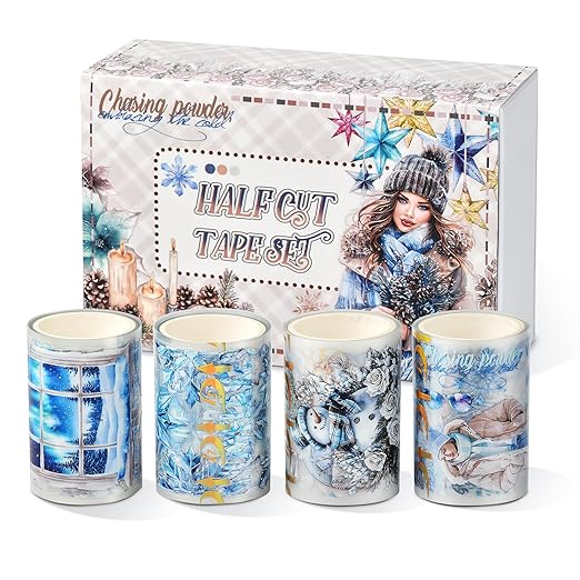 Snycler Pre-Cut Blue Snowflake Themed PET Washi Tapes - Vintage Aesthetic Tape Stickers for Journaling, Scrapbooking, Junk Journals, Crafts, Planners - 4 Rolls