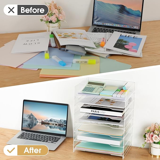 MaxGear 7 Tier Acrylic Paper Tray, Clear File Trays, Acrylic Clear Letter Tray Organizer, Stackable Desk Trays, Stackable Paper Organizer, Office Desk Organizers and Accessories