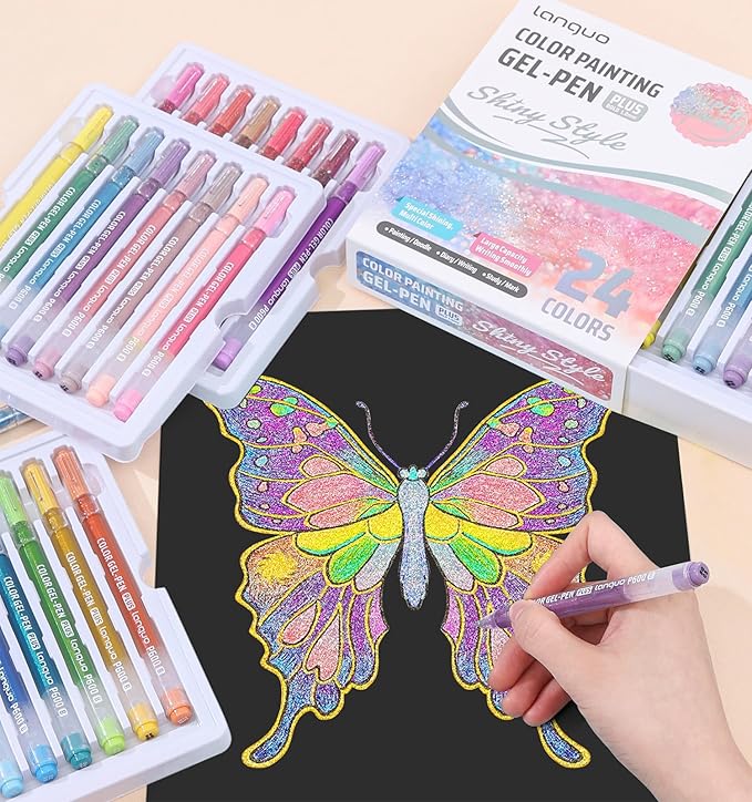Glitter Gel Pens, 24 Pack Colored Pens for Black Paper & White Paper, 1.0mm Point Pens, Large Capacity Ink Pens for Coloring, Writing, Drawing, Journaling, Note Taking, School, Office, Home