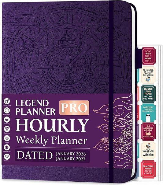 Legend Hourly Schedule Planner PRO Dated Jan 2026-Jan 2027 – Deluxe Weekly & Daily Organizer with Time Slots. Appointment Book Journal for Work & Time Management, A4 Hardcover, Purple