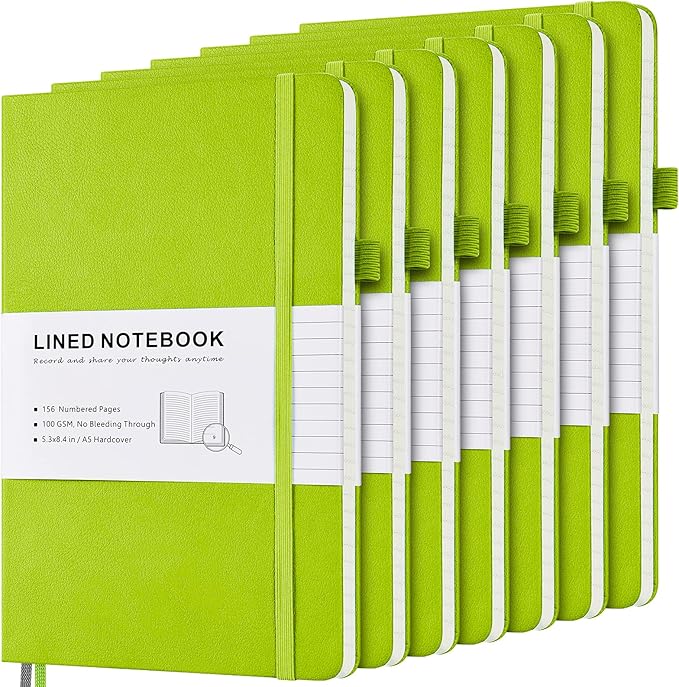 MALEDEN 7 Pack Lined Journal Notebook, Hardcover PU Leather Notebook for Men Women, 100 GSM Thick Numbered Pages with Index Content, Inner Pockets, Bookmarks, A5 Ruled Writing Journal Bulk (Green)