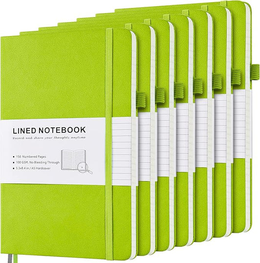 MALEDEN 7 Pack Lined Journal Notebook, Hardcover PU Leather Notebook for Men Women, 100 GSM Thick Numbered Pages with Index Content, Inner Pockets, Bookmarks, A5 Ruled Writing Journal Bulk (Green)