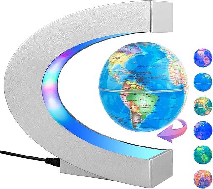 Magnetic Levitating Globe with LED Light, Cool Tech Gift for Men Father Boys and Girls, Birthday Gifts for Kids, Floating Globes World Desk Gadget Decor in Office Home Display (Silver)