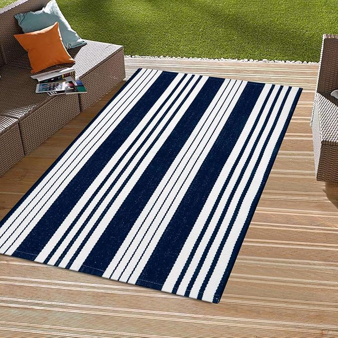 OJIA Blue and White Outdoor Rug 3’x5‘ Cotton Woven Christmas Striped Front Porch Rug Machine Washable Indoor Outdoor Rugs Farmhouse Entry Rug Layered Door Mat for Entryway/Kitchen/Laundry/Living Room