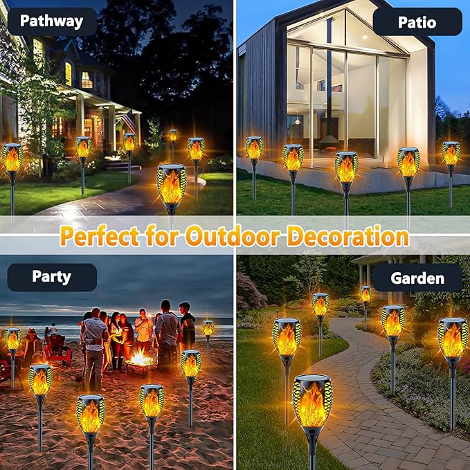 SANJICHA 4 Pack Super Larger Size Solar Flame Torch Extra Bright Tiki Lights Christmas Outdoor Decorative with Flickering Flame, Solar Christmas Outdoor Lights Waterproof Lamps for Outdoor use Garden