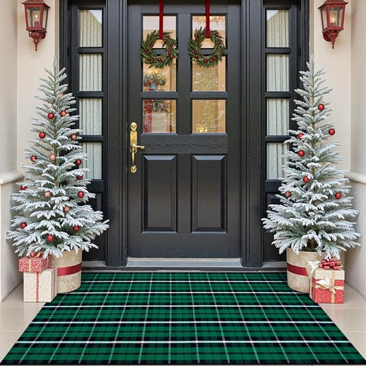 OJIA Washable Outdoor Rug 3'x5', Christmas Door Mats Outdoor Area Rug Green Plaid Rug Entryway Rugs Indoor Door Mat Front Porch Rug Cotton Floor Carpet for Entry/Patio/Bedroom/Living Room/Home Decor