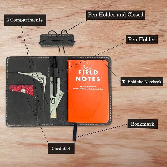 Leather Cover for Field Notes, Passport Cover, Leather Notebook Cover for 3.5" x 5.5" with Pen Holder, Only Cover (Gray)