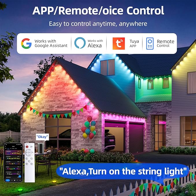 Permanent Outdoor Lights Pro, 50ft with 36 RGB LED Lights for Daily and Accent Lighting, IP65 Waterproof Smart Eaves String Lights with App & Remote, Rainbow Light for Halloween,Christmas -50FT