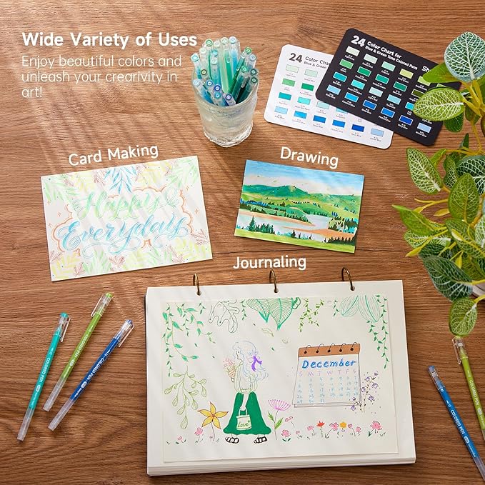 Shuttle Art Colored Pens, 24 Blue & Green Tone Colors Cute Journal Pens 0.6mm Fine Point Colored Gel Pens for Black Paper Adult Coloring Writing Drawing Journaling Note Taking School Office Home