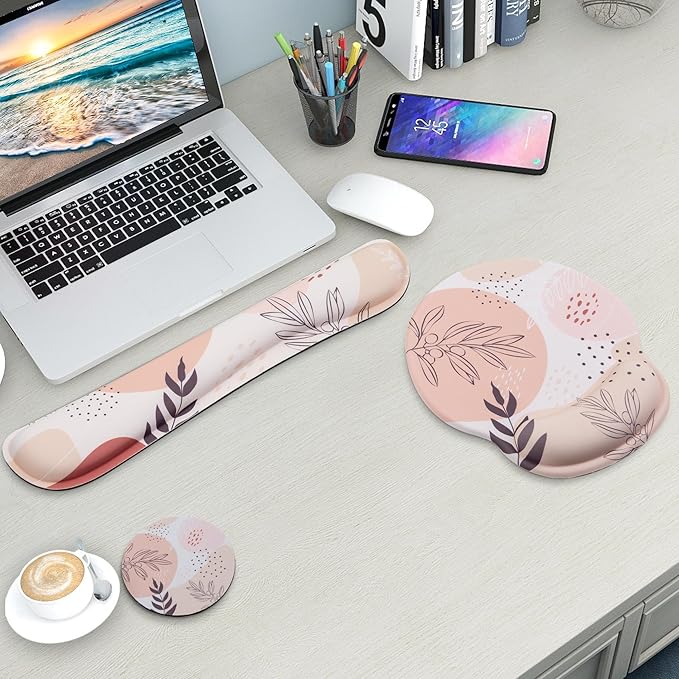 Mouse Pad and Keyboard Wrist Rest Support, with Non-Slip PU Base,Gel Mouse Pad with Coaster,Pain Relief for Gaming, Computer,Office -Boho Leaves