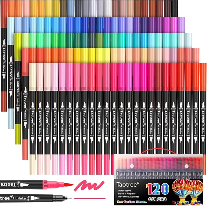 Taotree 120 Colors Dual Tip Art Markers Pens for Kids Adult Coloring Book, Artist Fine & Brush Tip Coloring Markers Drawing Pens Craft Art Supplies for Journaling Note Taking Lettering Calligraphy