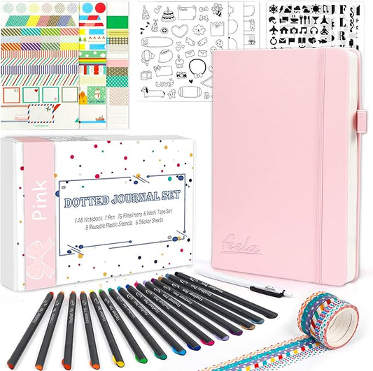 feela Dotted Journal Kit, Dot Grid Journal Hardcover Planner Notebook Set For Beginners Women Girls Note Taking with Journaling Supplies Stencils Stickers Pens Accessories, A5, 224 Pages, Pink