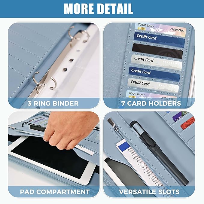 Padfolio Portfolio Folder Binder-Organizer Planner Notebook Zippered Portfolio Padfolio for Women & Men with Document Sleeve,Letter/A4 Size Clipboard,Business Card Holders (Blue Flower)