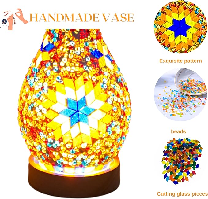Mosaic Vase Lamp, Turkish Moroccan Table Lamp，Colorful Handmade Glass Vase with Wood Base for Flowers, USB Charge Decor Light for Bedroom Ambient Living Room Farmhouse