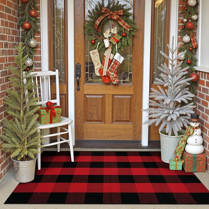 OJIA Christmas Outdoor Rug 3'x5', Red Plaid Front Door Mat Outdoor Area Rug Washable Cotton Outside Door Mats Layered Doormats Cotton Floor Carpet for Porch/Patio/Farmhouse/Entryway/Kitchen/Foyer