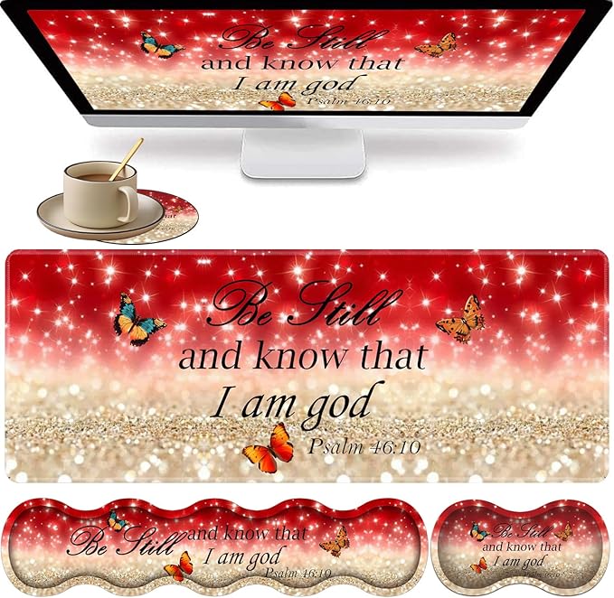 Large XXL Gaming Desk Mat 31.5"x 11.8", Ergonomic Keyboard Wrist Rest & Mouse Pad Wrist Rest + Coaster Set, Non-Slip Base, Memory Foam, Office and Home, Christian Psalm 46:10