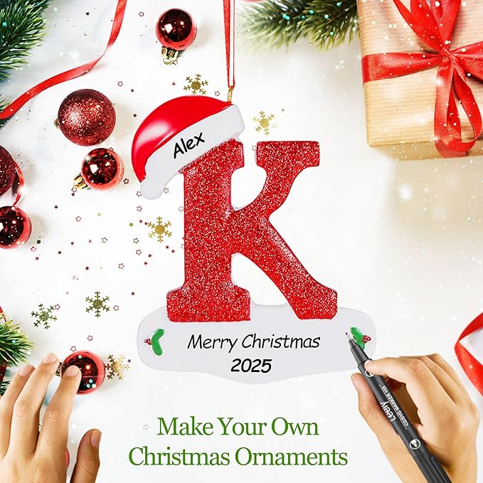 Personalized 26 Letters Ornaments for Christmas Tree 2025, Custom Christmas Ornament with Family Member's Names 3D Resin Xmas Hanging Pendant Original Gifts for Family Friends(K)