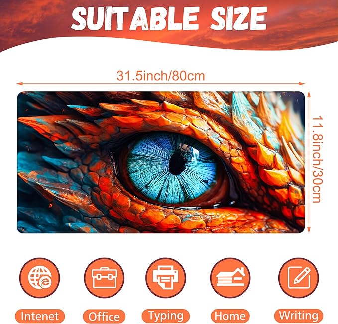 Large Gaming Mouse Pad for Desk, Dragon Blue Eyes Desk Mat, Dragon Eyes Desk Pad, 31.5"x15.7" Extended Big Computer Keyboard Mouse Pad with Non-Slip Base and Stitched Edge
